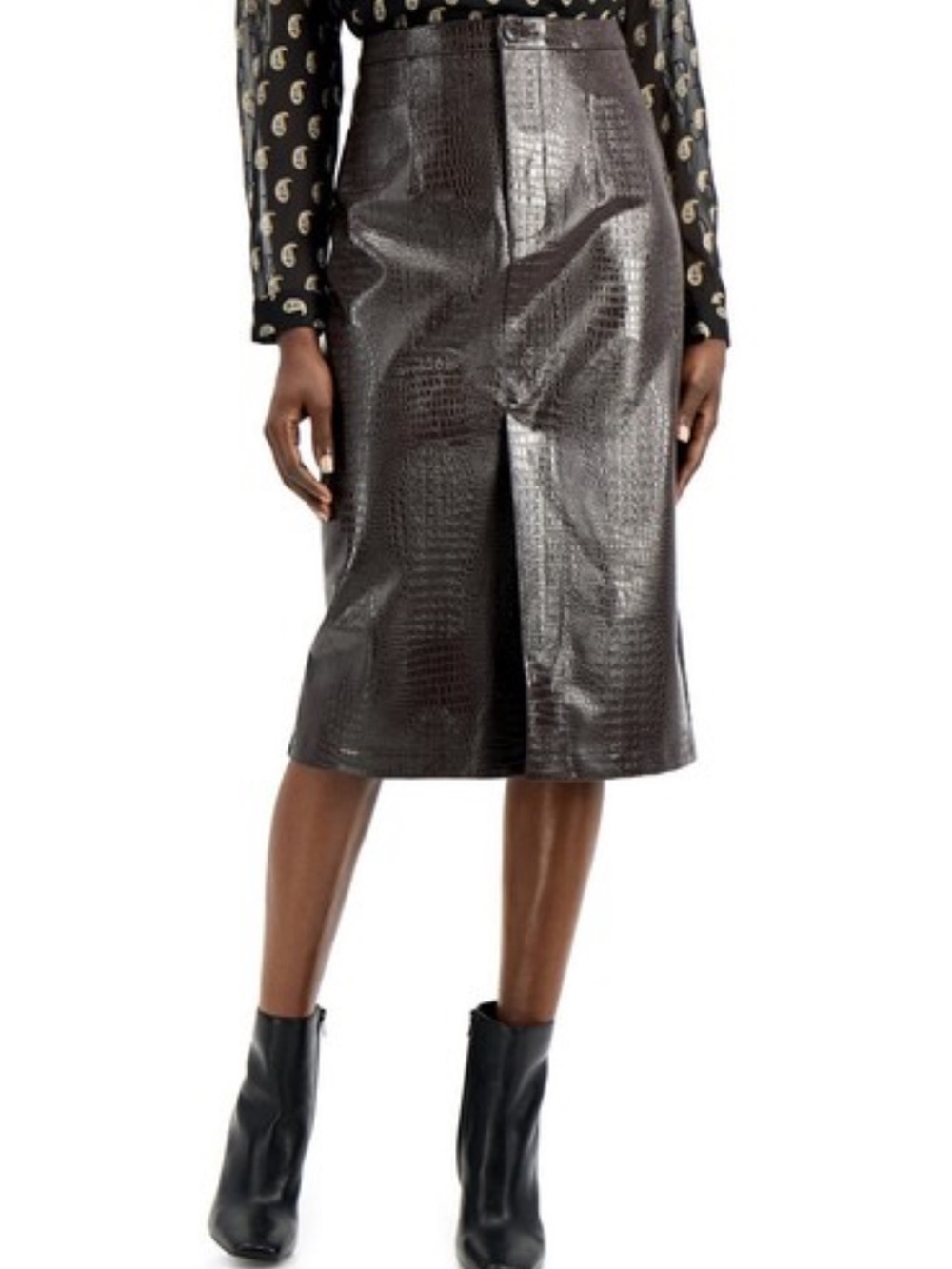 Brown Faux Leather Croc Embossed Pencil Skirt Edgy Corporate Chic Office Siren